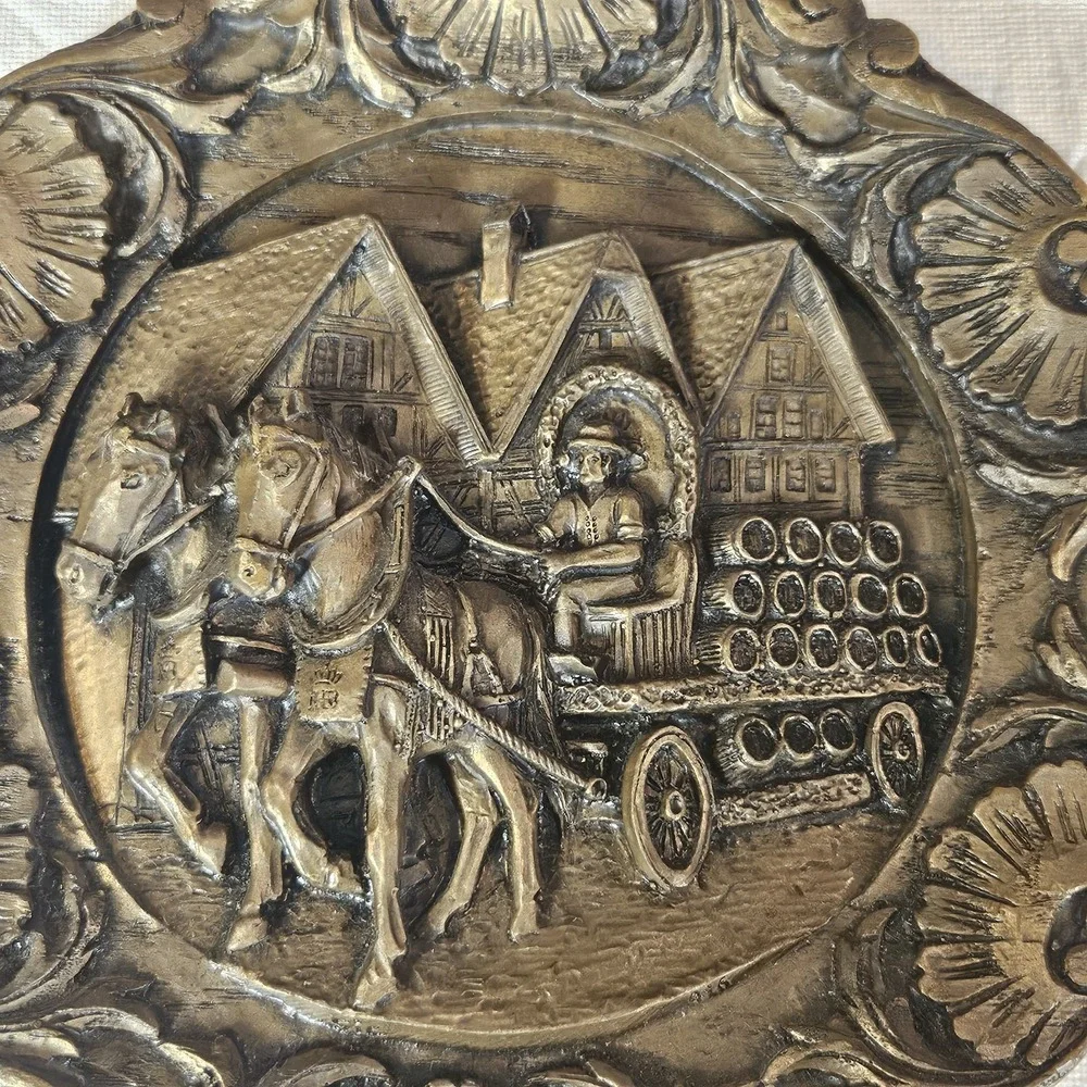 Vintage 3D Relief Brown Wood Resin Wall Plaque Horse Drawn Carriage Village 9